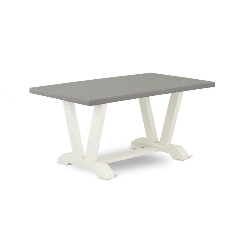 L'ensemble de table 6 pièces Mid Century comprend une table de salle à manger en ciment, un banc en bois et 4 chaises de cuisine en tissu bleu lin avec dossier capitonné - Lin brossé blanc