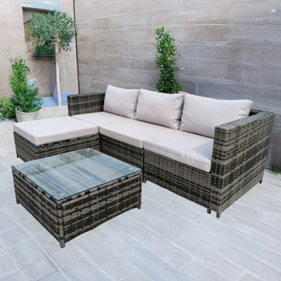 193 cm W L-Shaped Metal and Wicker Patio Corner Sofa Set with Cushions