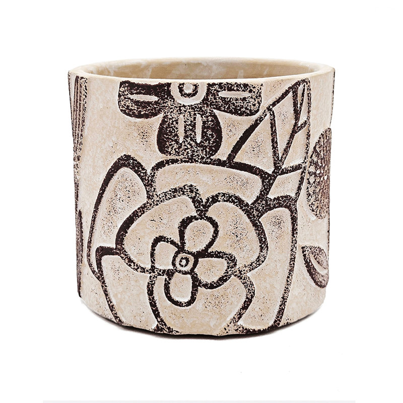 Set Of 4 Sand And Cement Planters With Botanical Motifs