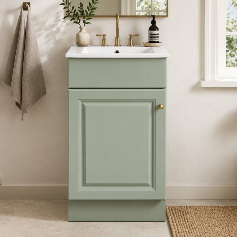 18" Bathroom Vanity with Sink, Light Green Vanity Cabinet with Door, Shelf and Adjustable Shelf