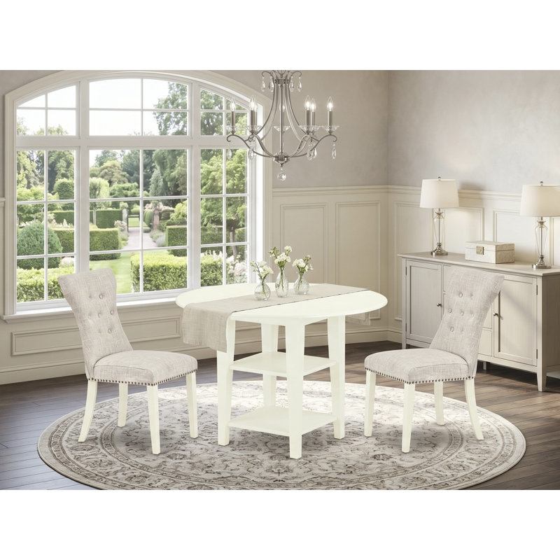 L'ensemble de table de cuisine 3 pièces pour petits espaces comprend une table de salle à manger ronde avec Dropleaf et 2 chaises rembourrées en tissu de lin, blanc lin