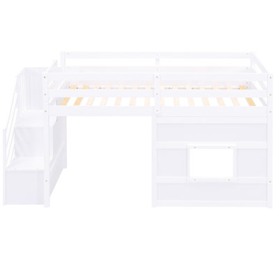Lit mezzanine simple avec fenêtre et escalier de rangement pratique en bois blanc, escalier sans sommier à structure solide, fenêtre amusante