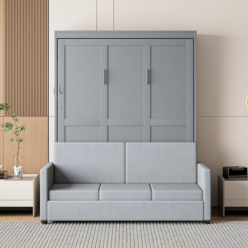 Lit mural gris pleine grandeur, lit avec coussin confortable, conception multifonctionnelle, mélange de rangement efficace et système