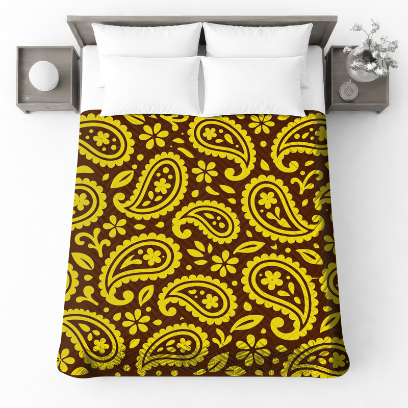 Couvre-lit matelassé jaune et brun à motif cachemire toutes tailles, Full / Double