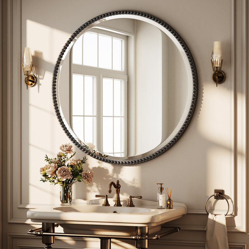 Beaded Round Wall Mirror Decorative Vanity Bathroom Mirror With Resin Frame, Black, 28" H x 28" W