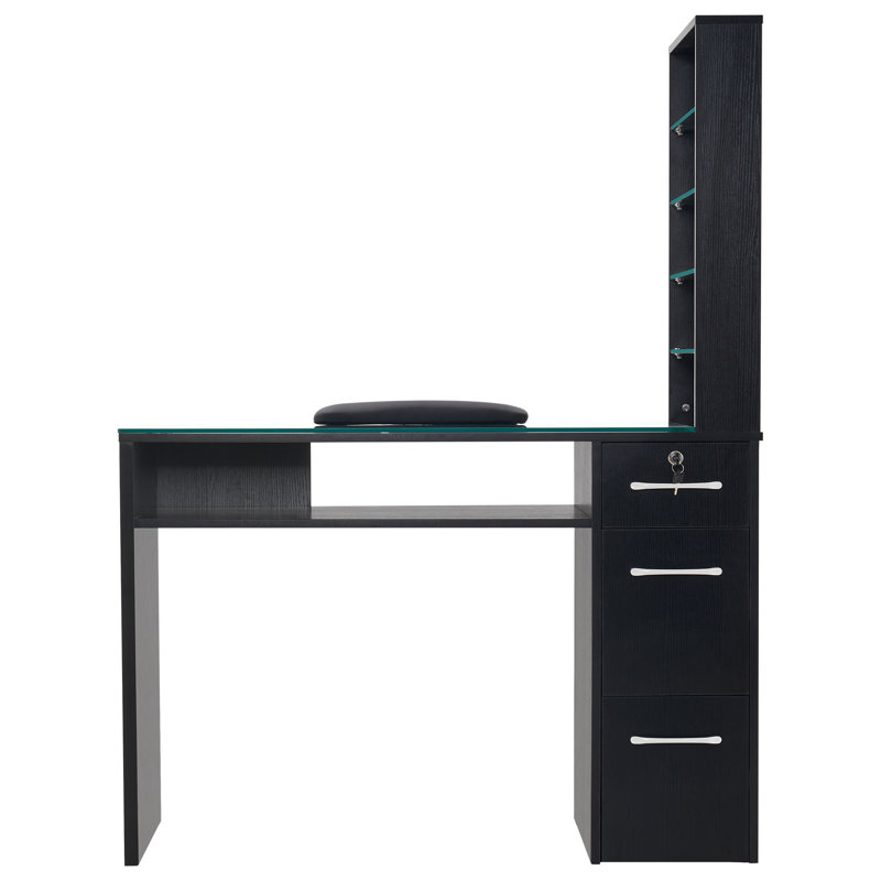 Classic Nail Desk with Glass Table Top, Glass Shelves and Lockable Drawer, Vanity Makeup Desk, Black