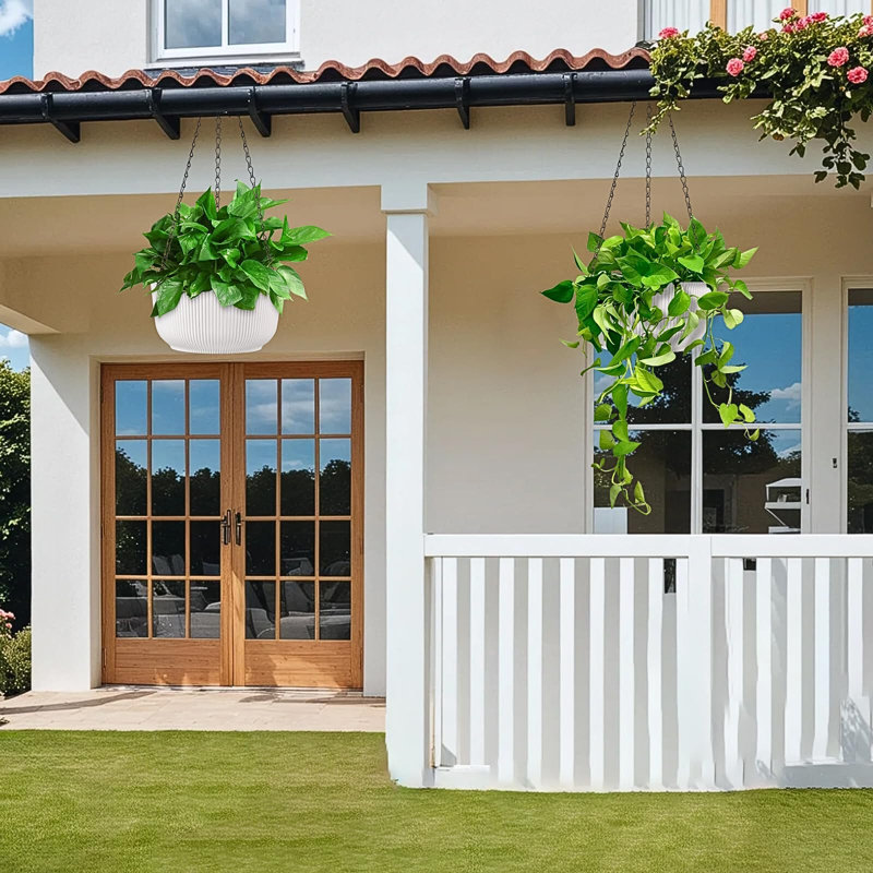 Hanging Planters For Outdoor Plants, Set Of 2 White 11.2 Inch Self-Watering Hanging Pots With Drainage Hole & Plug  Screw-In Hooks