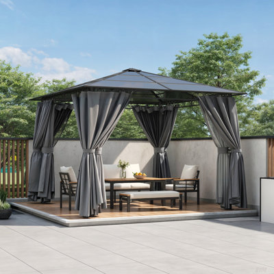 Pavillon de jardin extérieur à toit rigide 10 pi x 10 pi avec toit en polycarbonate, pavillon de jardin avec cadre en aluminium, moustiquaire et écrans d'intimité pour l'ombre et la pluie, tente de jardin pour la cour, le jardin et la pelouse
