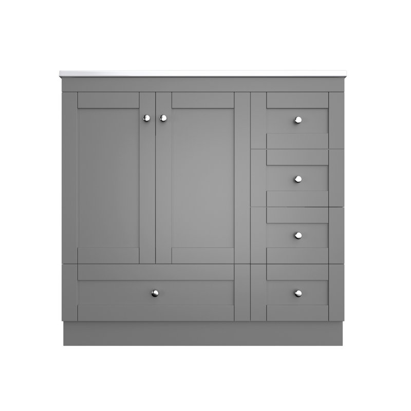 Meuble-lavabo sur pied moderne de 36 po, lavabo en céramique facile à nettoyer, quatre tiroirs, deux portes à fermeture en douceur, solution de rangement intelligente pour meuble-lavabo de taille moyenne avec poignées en aluminium, lisse