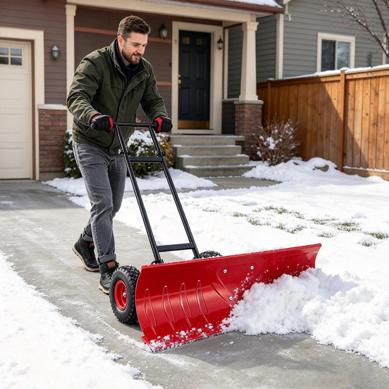 36in Snow Pusher Shovel w/Wheels,Metal Snow Pusher Shovel with Adjustable Handle, Angled Blade for Driveway,Red, 36*10, Red