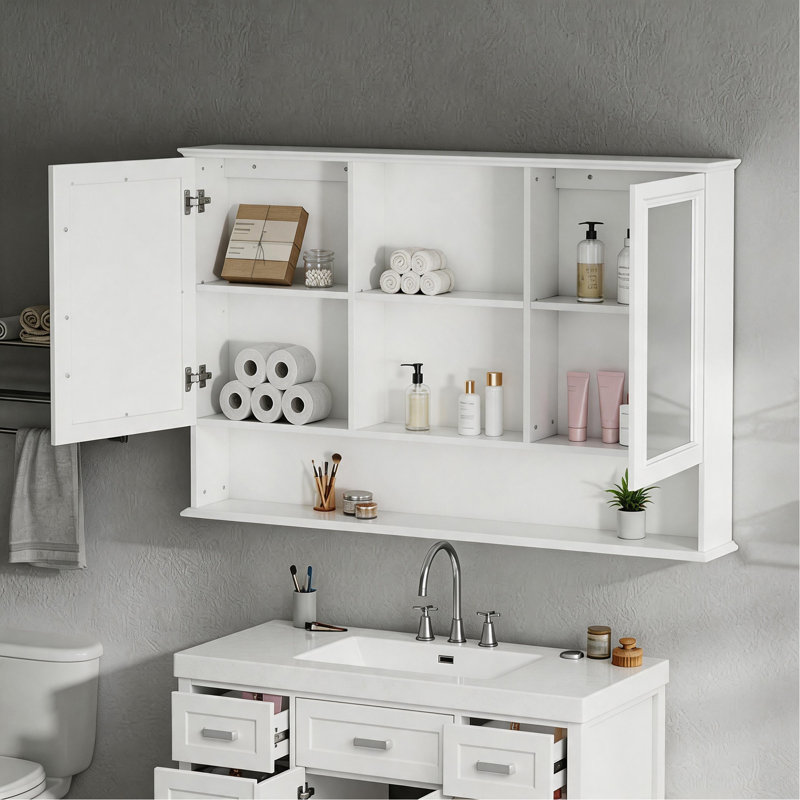 [Vidéo] Armoire à pharmacie murale de 60 po avec portes à double miroir, tablettes réglables, rangement ouvert, charnières à fermeture en douceur, blanc