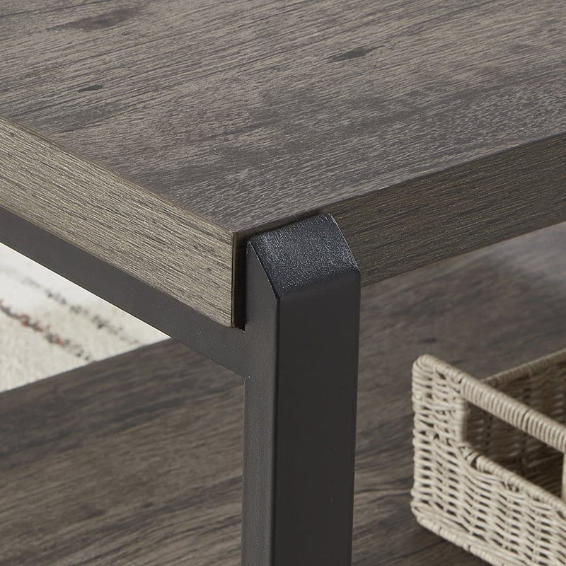 Rustic Grey Wood and Black Metal Coffee Table with Storage Shelves