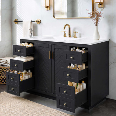 Meuble-lavabo de 48 po avec comptoir d'évier, meuble-lavabo autoportant en panneau de fibres à densité moyenne avec 6 tiroirs et 2 portes à fermeture en douceur, poignées en métal, surface peinte lisse
