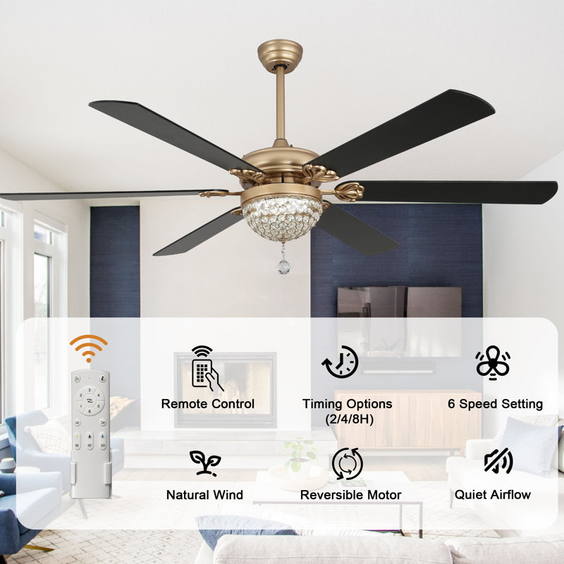 Landria 65" Tiffany Dimmable Crystal Ceiling Fan with LED Light and Remote, Gold with Black Blades