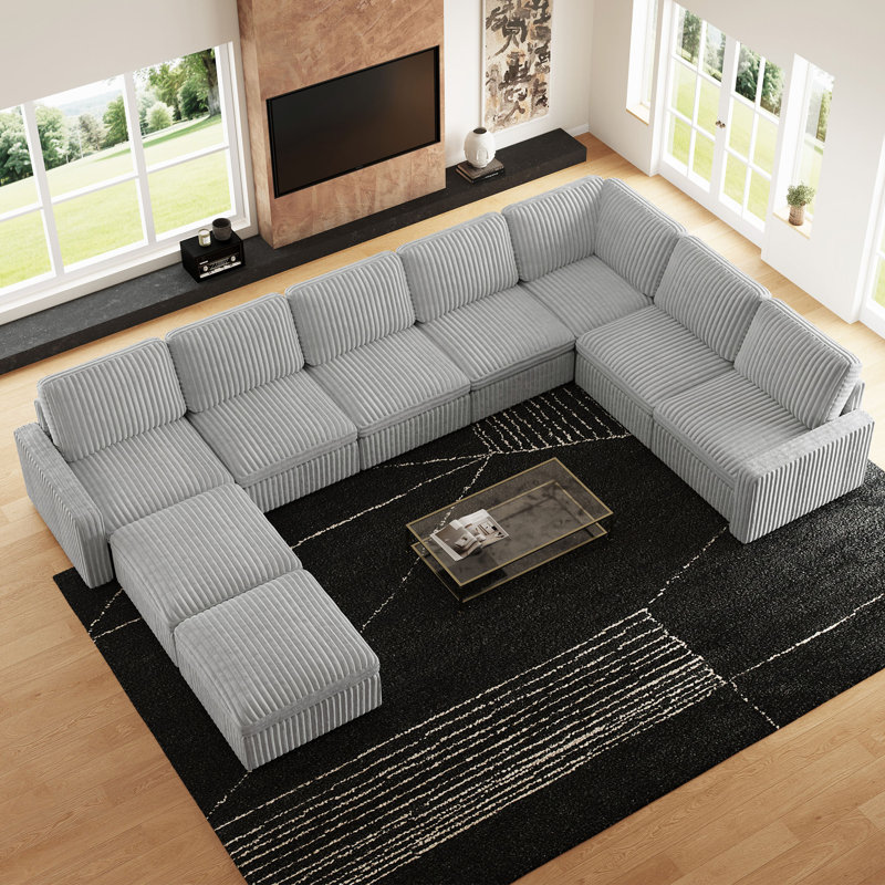 Oversized U Shaped Modular Corner Sectional Sofa With Storage Ottoman, Gray Corduroy