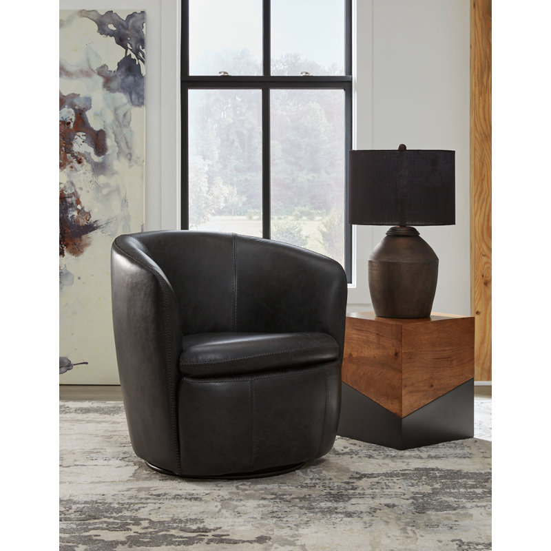 Midnight Black Leather Barrel Swivel Chair