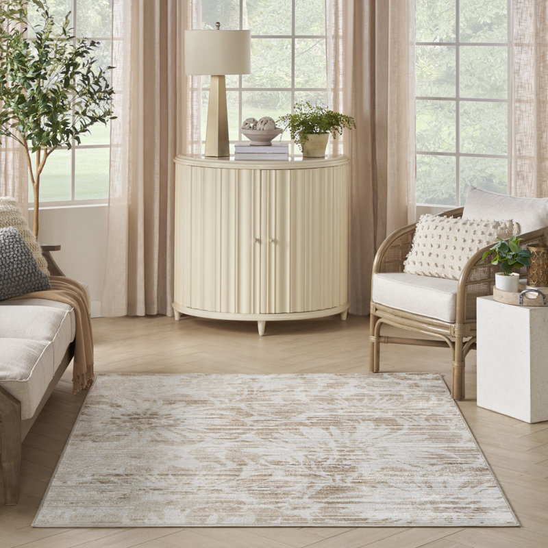 Ivory and Nude Floral Stripe Synthetic Area Rug 5' x 7'