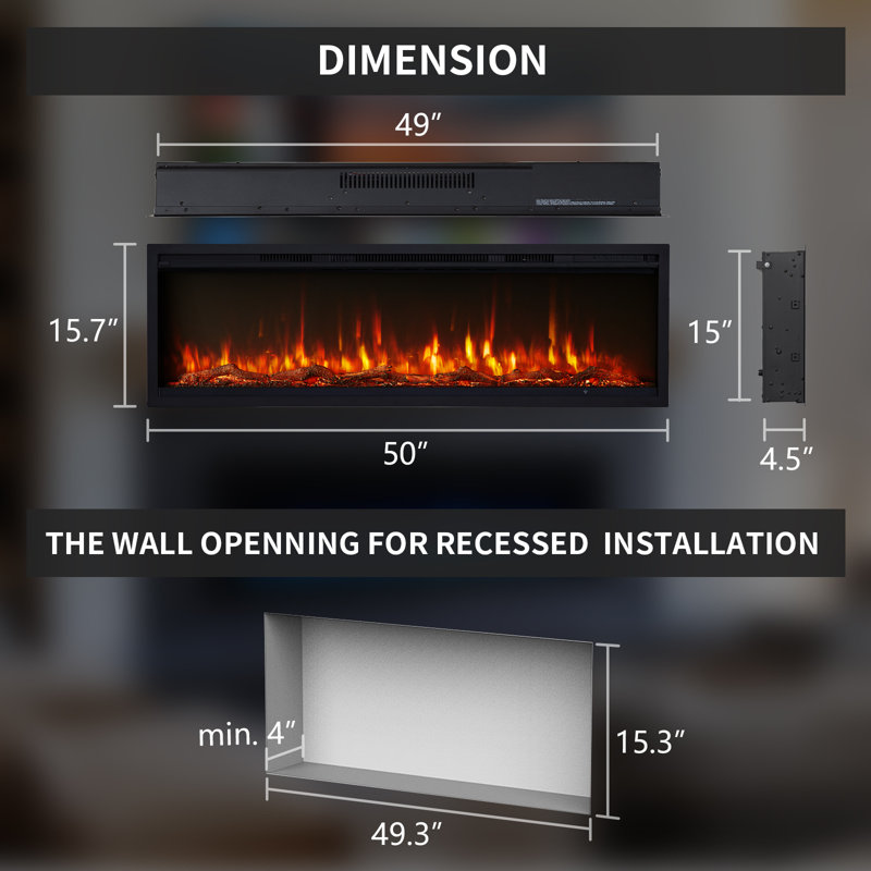 50 Inch Smart Electric Fireplace - 12 Colors Of Flame & Ember, Adjustable Flame Speed, Recessed/Wall-Mount, 750/1500W Heater, Child Lock, Compatible With Alexa And Google Assistant