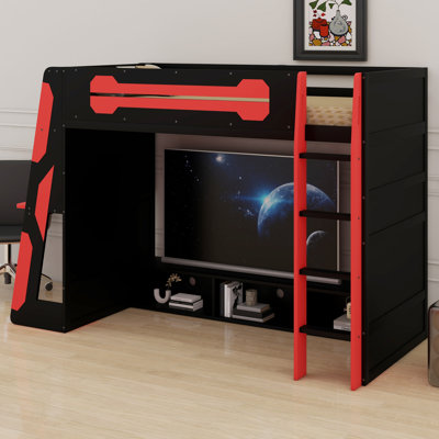 Élégant lit mezzanine en bois avec bureau, tablettes et lumière RVB
