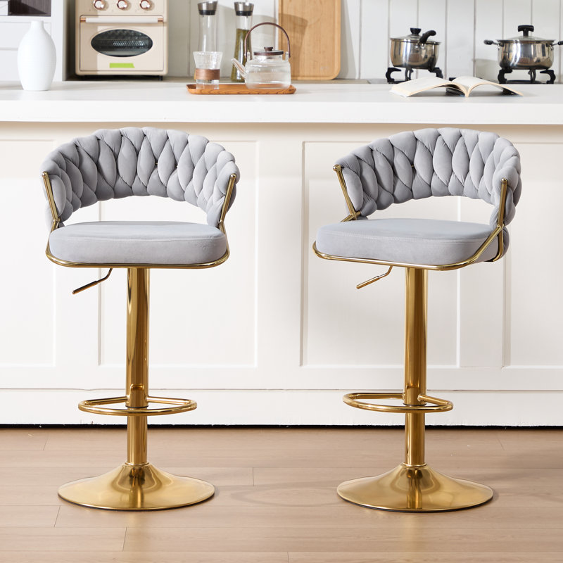 Ensemble de 4 tabourets de bar pivotants en velours, tabourets de bar réglables en hauteur avec dossier tissé pour bar de cuisine, gris