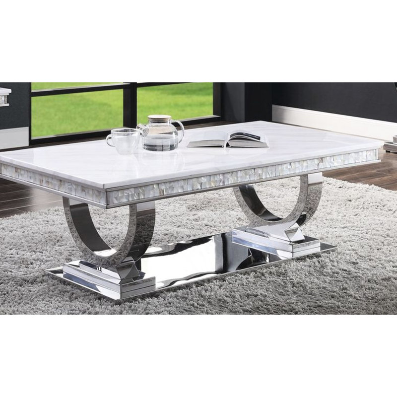 Table basse en simili marbre blanc avec finition argentée miroir, plateau de table épais de 18 mm d'épaisseur, élégant pour le salon moderne avec surface et surface épaisse et sophistiquée, acier inoxydable