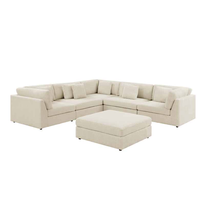 Budhan Corduroy L-Shaped Sectional, Beige Corduroy