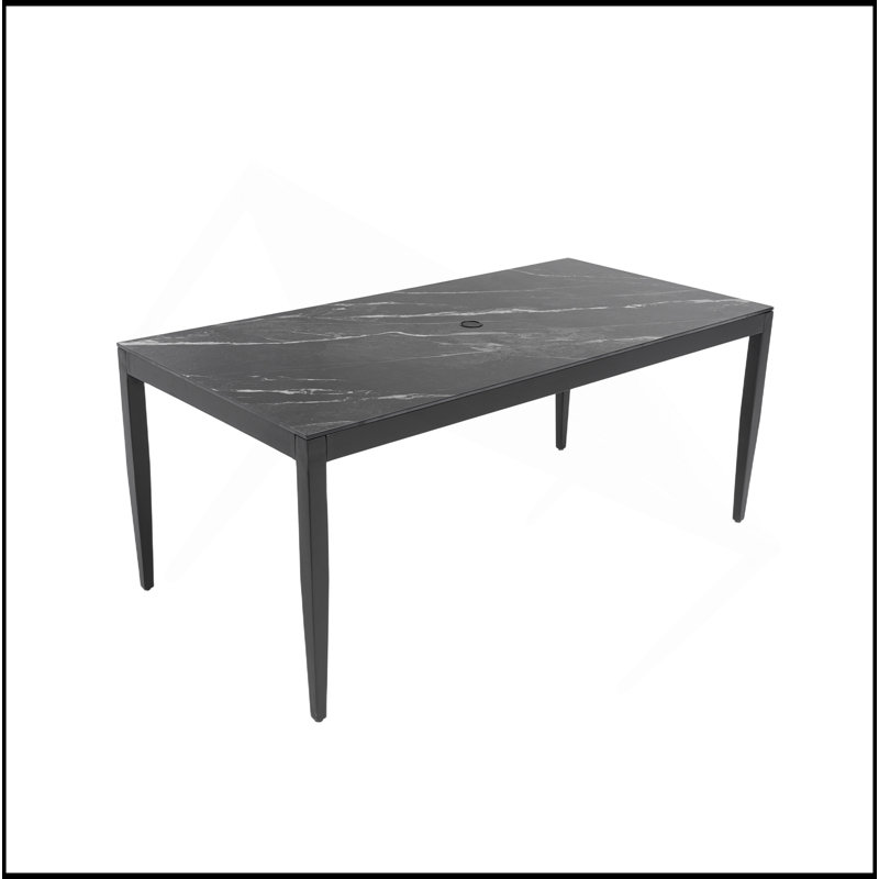 Table de salle à manger d'extérieur moderne en aluminium 35,5 x 71 pouces, plateau en pierre frittée, résistant aux intempéries et à la rouille, pouvant accueillir six personnes
