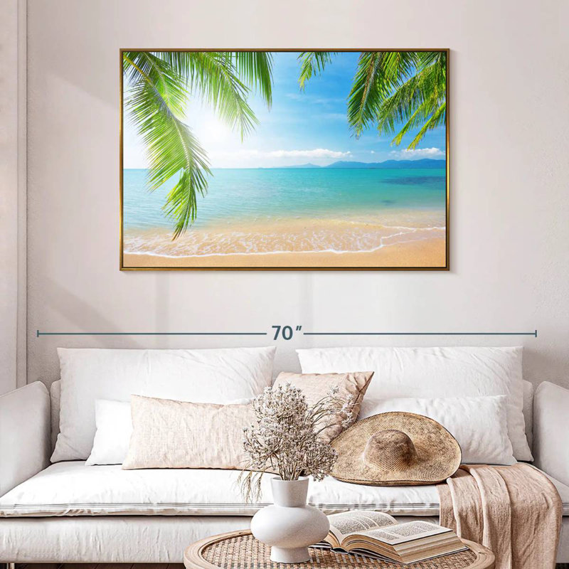 Cocotiers et plage, 46 po x 31 po, Cadre flottant doré