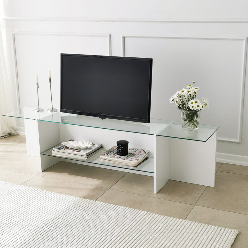 Meuble télé moderne avec verre trempé à 100% et finition blanche, 62,2 po x 15,7 po x 15 po | Panneau de particules durable recouvert de mélamine à 100%, épaisseur: 0,7 pouce | Design élégant et fonctionnel pour le salon et les espaces de divertissement
