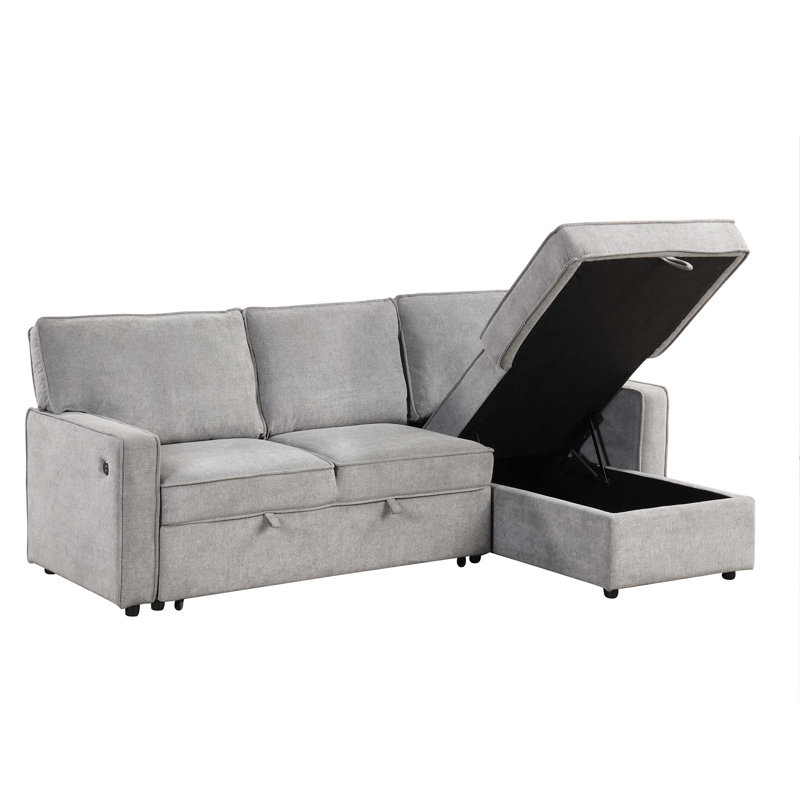 Upholstery Sleeper Sectional Sofa with Storage Space,Usb Port, 2 Cup Holders on Back Cushions, Gray Polyester