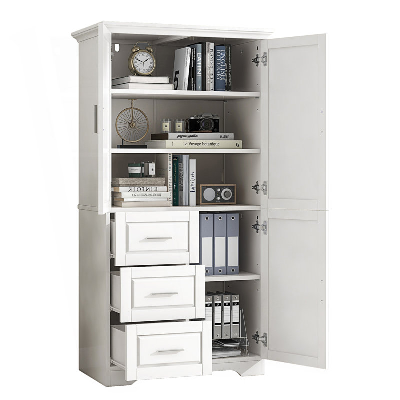 Tall And Wide Storage Cabinet With Doors And 3 Drawers, Accent Cabinet, White