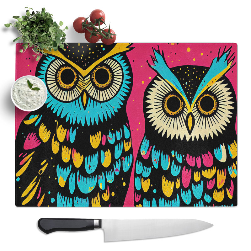 Painted Long Eared Owls Abstract  Glass Chopping Board