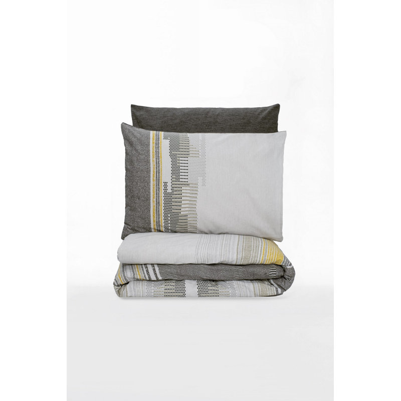 Luxurious XXL Quilt Cover Set, 100% Cotton Ranforce, Duvet Cover 61 x 87, Pillowcase 31.5 x 31.5, Pigment Printed, Machine Washable, Elegant Mink, Dark Grey & Yellow Colors, Button & Envelope Closure