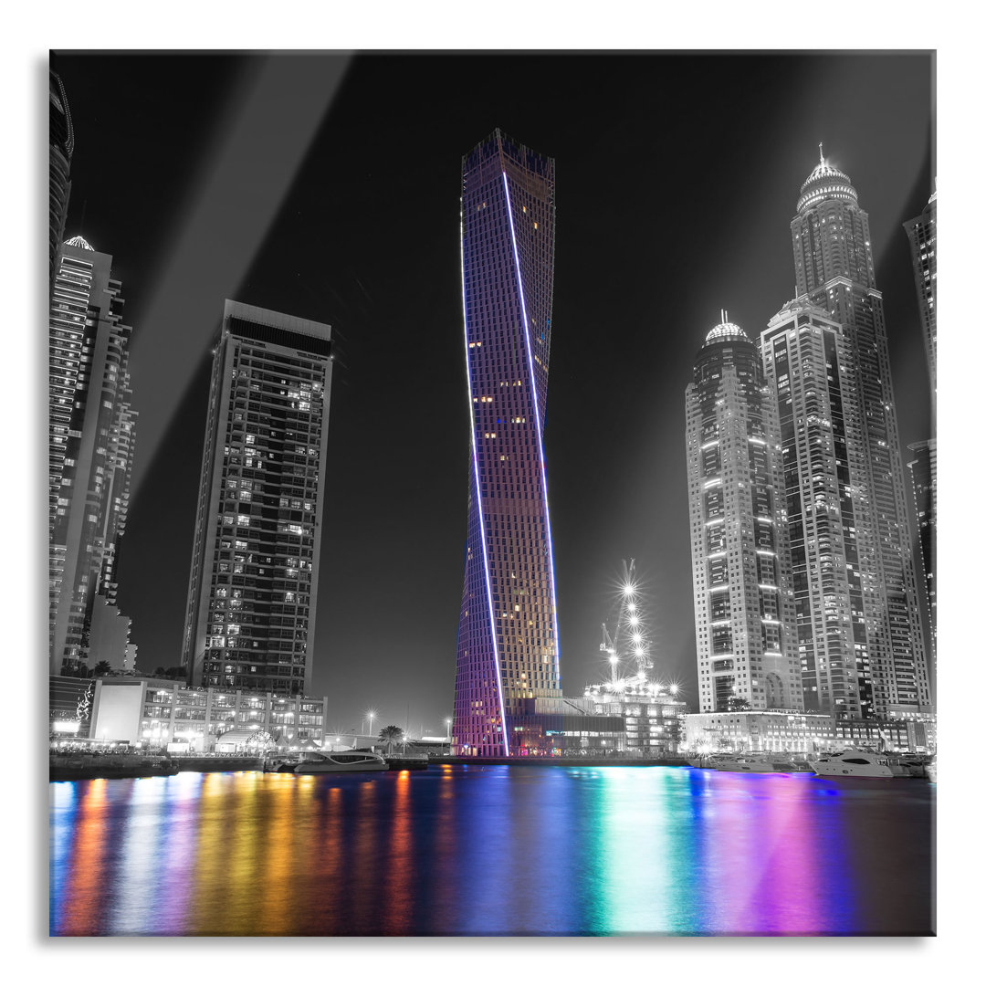 Glasbild Skyline von Dubai bei Nacht