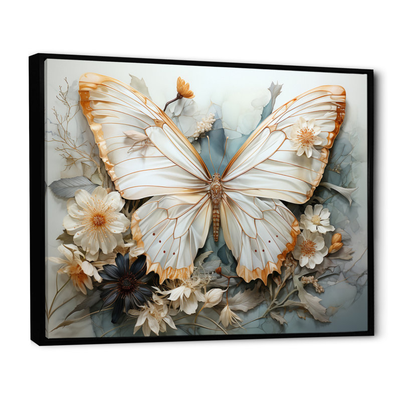 «Bisson White Gray Butterfly», reproduction sur toile encadrée, H 30 po x l 40 po, Reproduction avec cadre flottant, Noir
