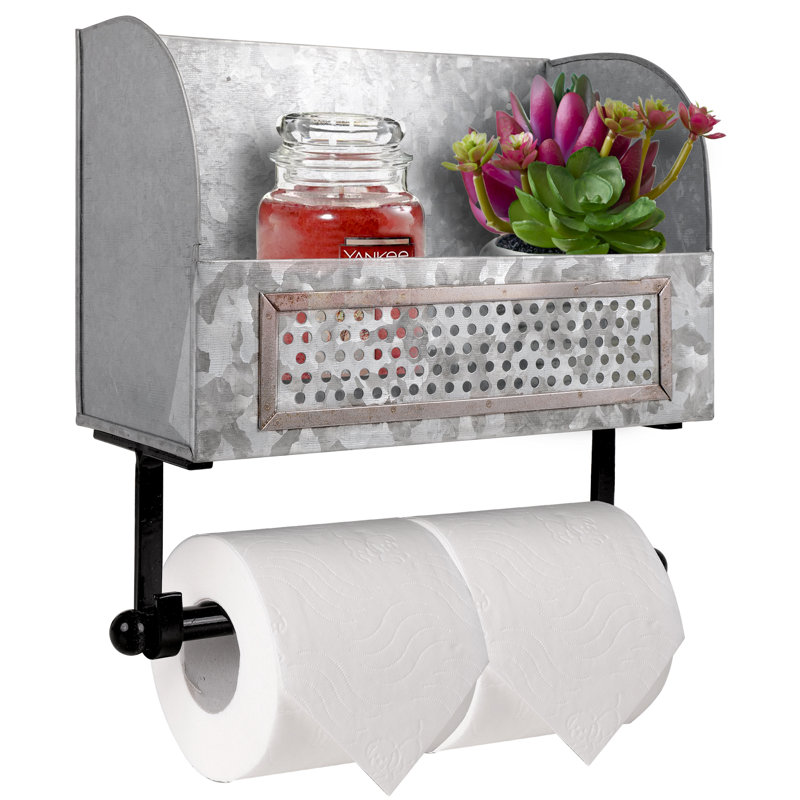 Galvanized Double Wall Mount Toilet Paper Holder with Magazine Rack