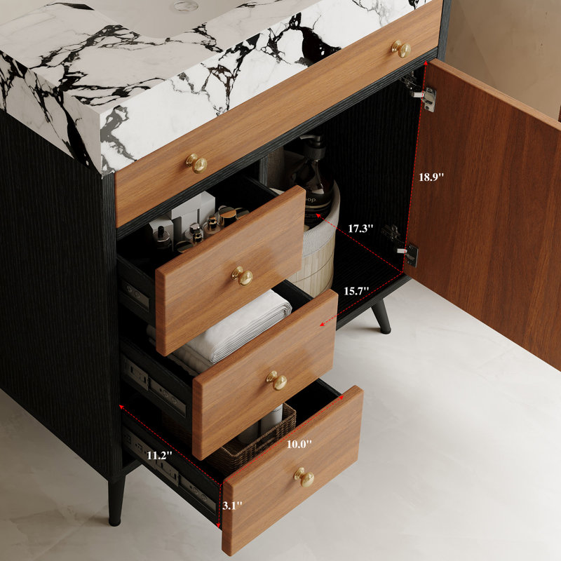 30" Freestanding Bathroom Vanity With Ceramic Sink, 3-Drawer & 1 Storage Cabinet With Gold Handles