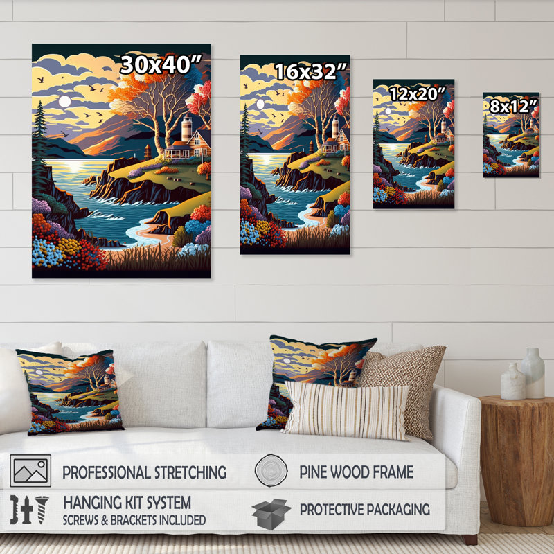 Coucher de soleil moderne en style V - reproduction sur toile, L 16 po x H 32 po, Toile tendue