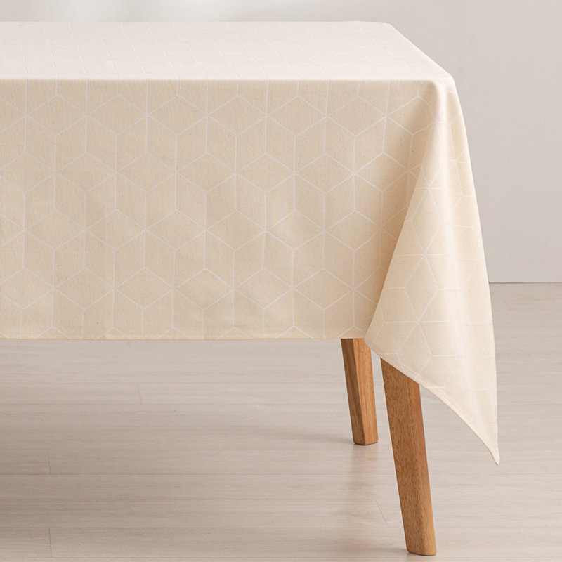 Heslington Geometric Cotton Tablecloth, 180cm W x 140cm L, Ecru