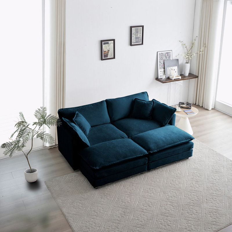 Chenille Sectional Sofa Deep Seat Sofa, 33" H x 76.7" W x 35" D, 4, Blue