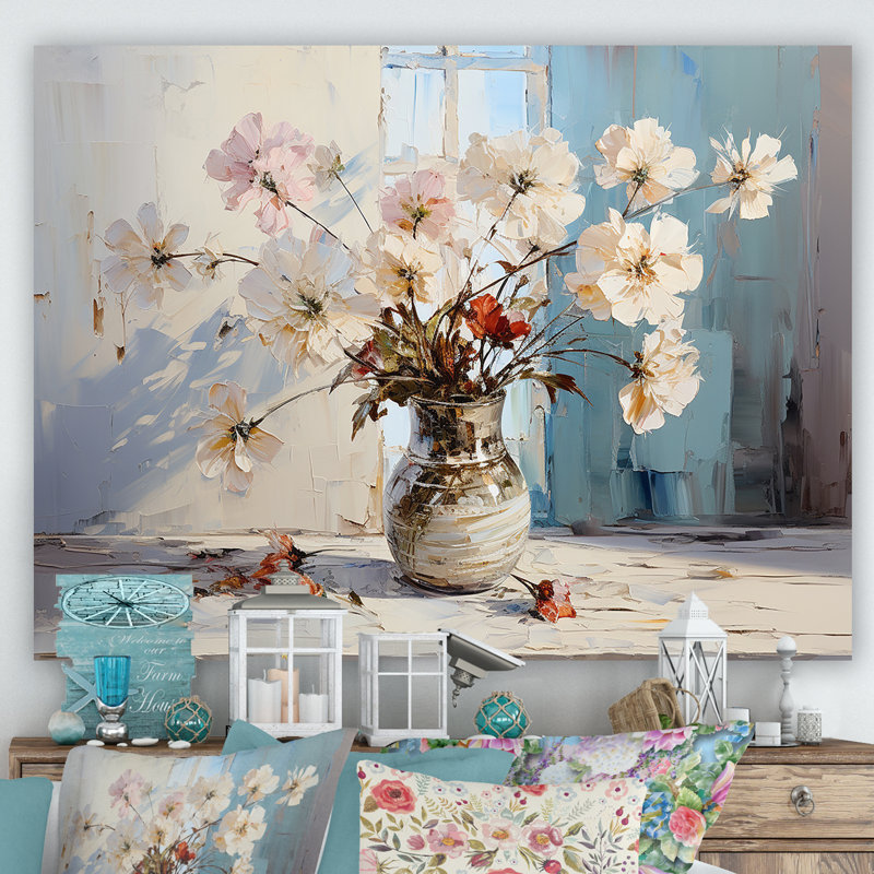 Reproduction d'art sur toile, géraniums roses, nature morte III, White Picture Framed, 16" H x 32" W