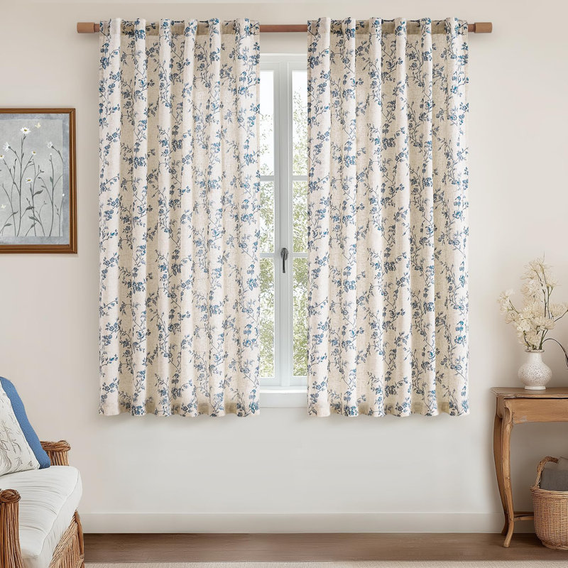 Paire de rideaux en lin à imprimé floral, L 50 po x L 63 po, Taupe