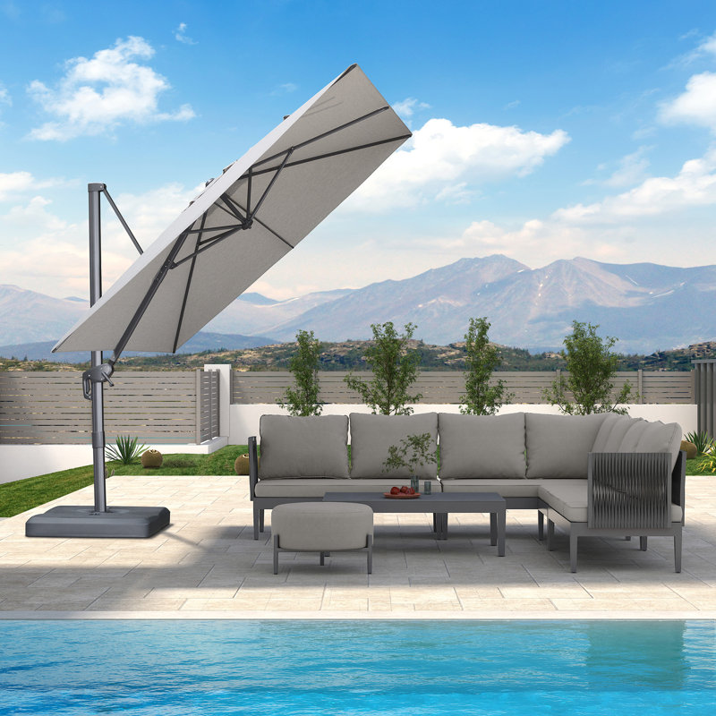 Rozon 9' Square Cantilever Umbrella with  Fade Resistance Recycled Fabric and 360-degree Rotation, Pebble Gray