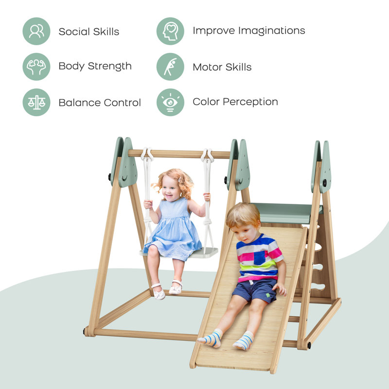 Triangle Climbing Frame, Wooden Climber with Swing, Green
