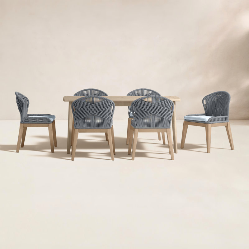 Ensemble repas d'extérieur en bois d'acacia pour 6 personnes avec coussins 7 pièces Daveney - Table de patio rectangulaire avec chaises tissées et trou pour parasol - Gris