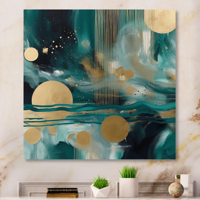 Vivid Emeral And Gold Contours Circles II - Abstract Shapes Metal Wall Art