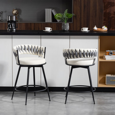 Counter Height Bar Stools Set of 2 - 360° Swivel with Suede Fabric & Modern Woven Design, Backrest & Footrest for Kitchen Cafe Pub