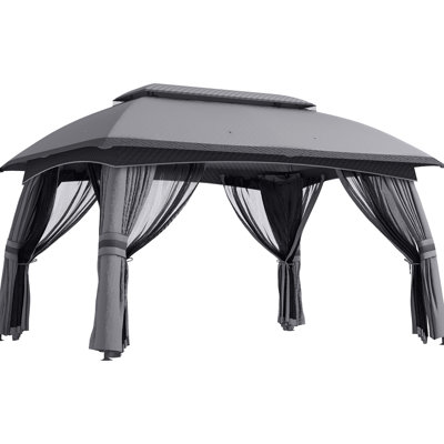 10' X 13' Patio Gazebo, Dark Gray, Ample Space For 8 Users, Netting Included, Vented 2 Roof, Steel Lawn And Garden Accommodation 8, Deck