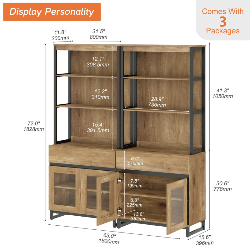 2 PCS Modern 72" Tall Buffet Cabinet With 2 Drawers And Open Shelves, Storage Cabinet And Display Shelves, Wooden Sideboard For Dining Room Or Kitchen