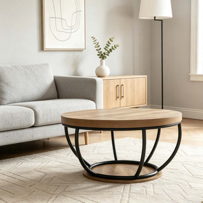 31" Round Industrial Coffee Table with 2-Tier Storage Shelves